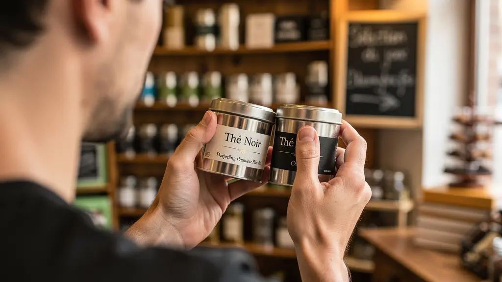 Client examinant l'étiquette d'une boîte de thé suisse en boutique spécialisée