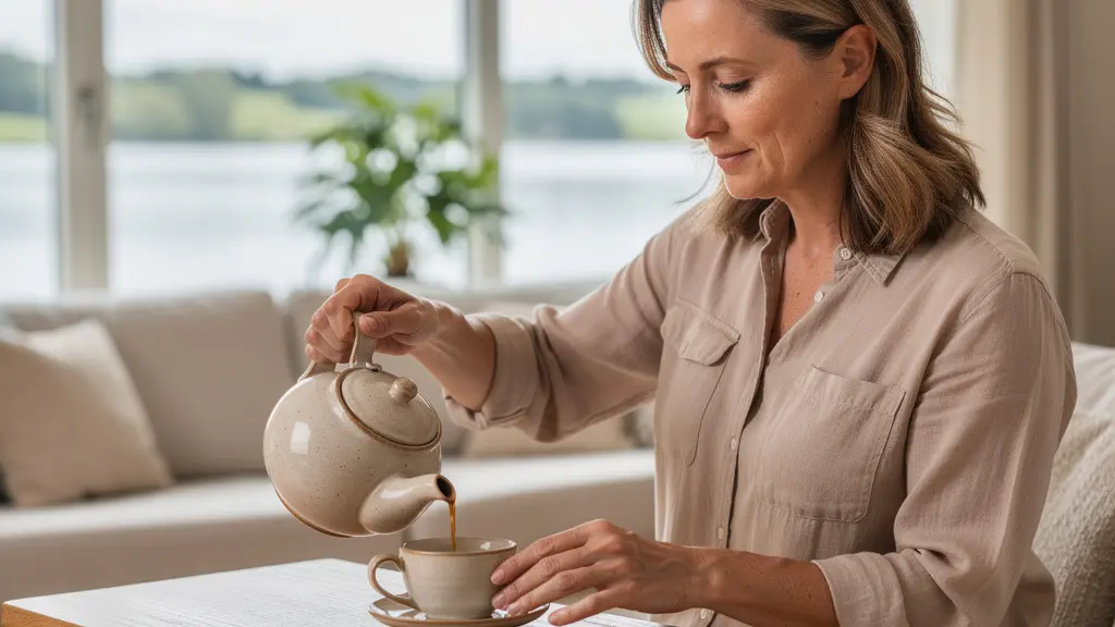 Dégustation de thé suisse premium dans un salon lumineux avec vue sur le lac