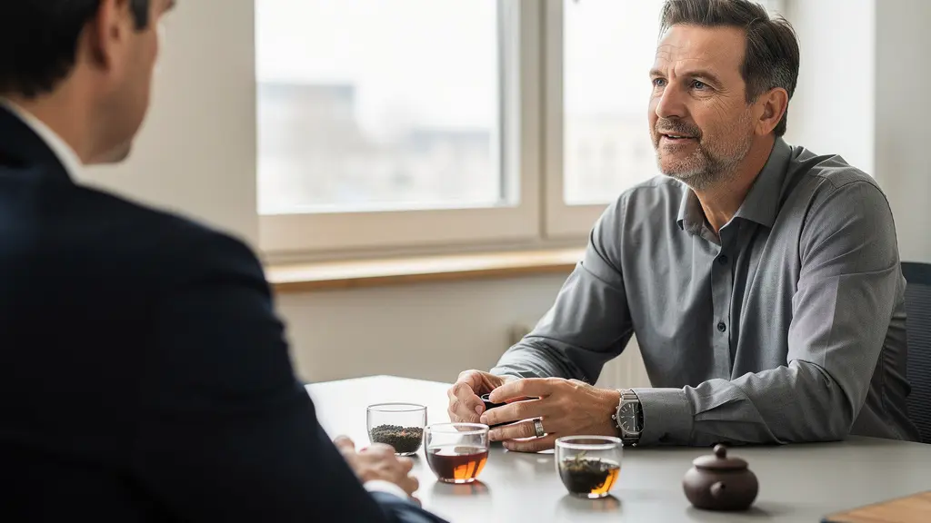 Réunion professionnelle entre directeur F&B et fournisseur autour d'échantillons de thé