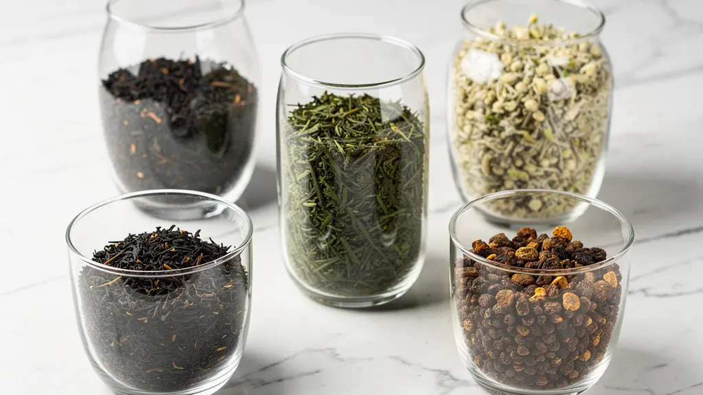 Assortiment de thés bio en vrac dans contenants élégants sur marbre