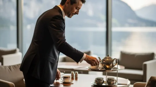 Service thé dans salon hôtel de luxe suisse avec vue panoramique