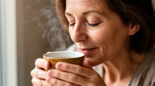 Femme savourant une tasse de thé bio dans un intérieur lumineux suisse