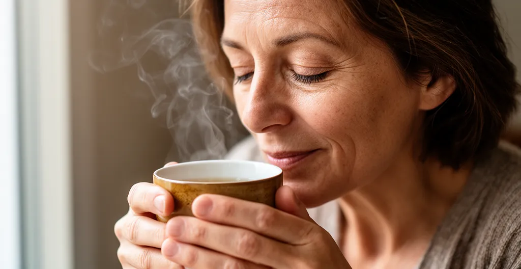 Femme savourant une tasse de thé bio dans un intérieur lumineux suisse