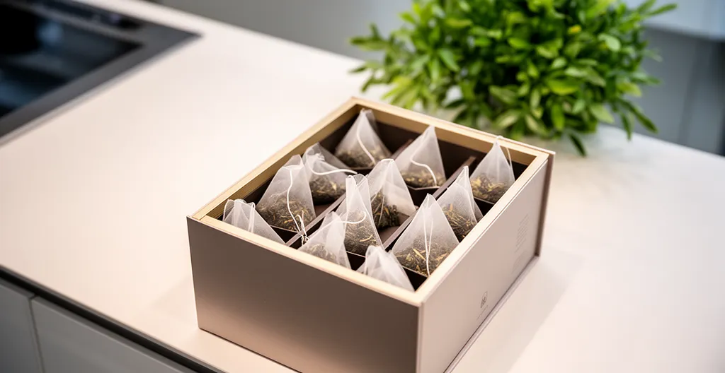 Boîte de thé ouverte montrant sachets pyramides sur plan de travail cuisine