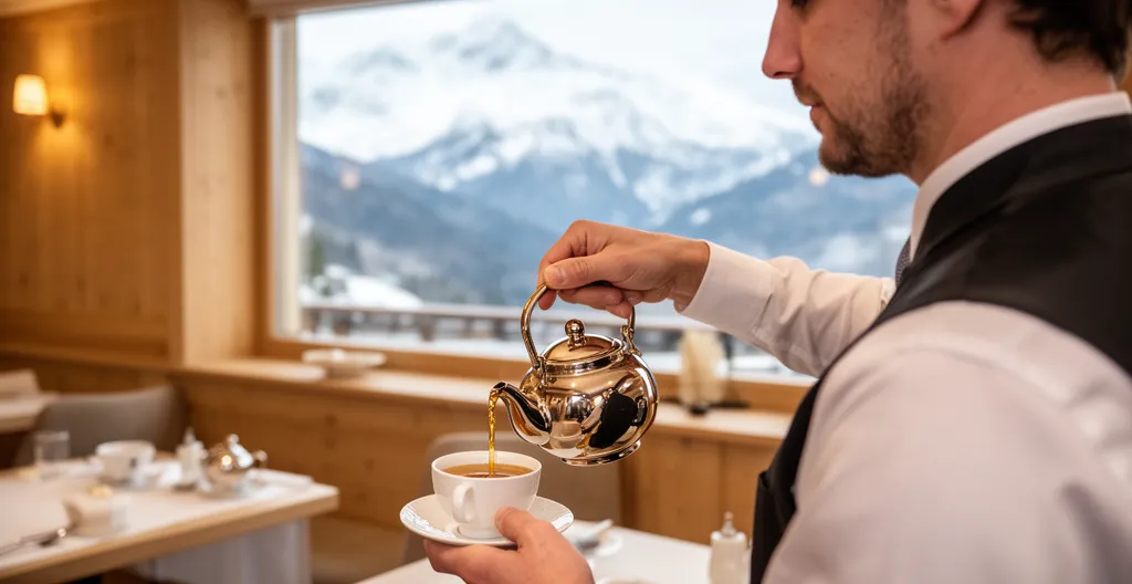 Service de thé dans un tea-room suisse au décor alpin moderne